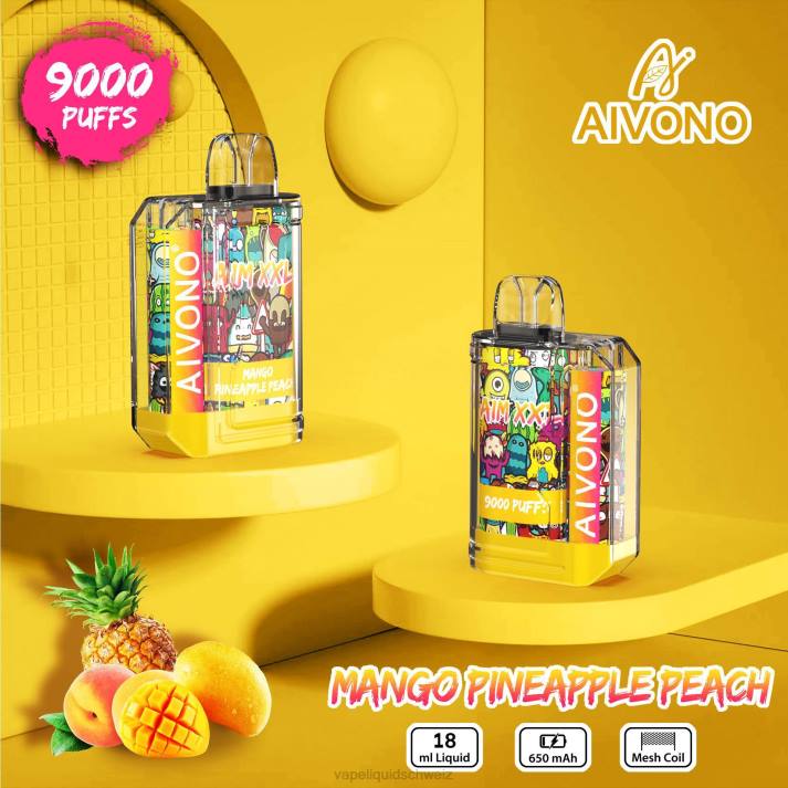 Vape Ohne Nikotin - Aivono AIM XXL 9000 Mundaufkleber transparent Mango-Ananas-Pfirsich VN8T49